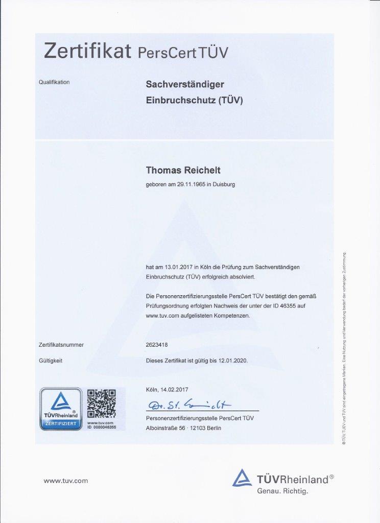 Zertifikat Sachverständiger Einbruchschutz (TÜV)